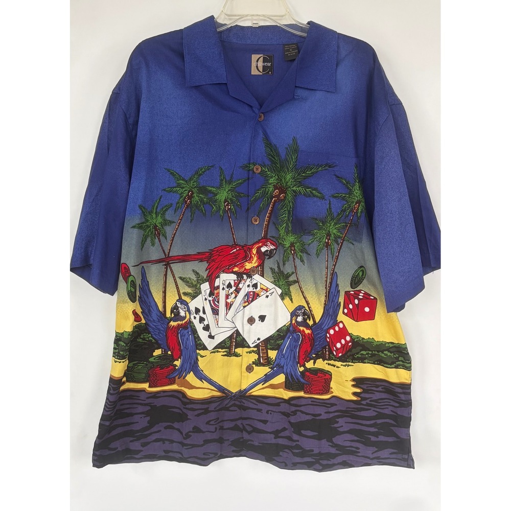 Chiliwear Men XL Hawaiian Shirt Parrots Gambling Cards Dice Tropical Blue Cotton
